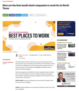 [Article] Dallas Business Journal Best Places to Work 2020 - Sunwest